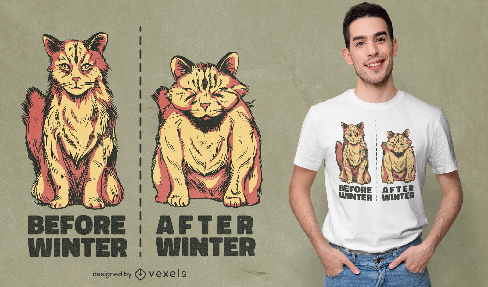 Diseño de camiseta de animales antes y después de gatos.