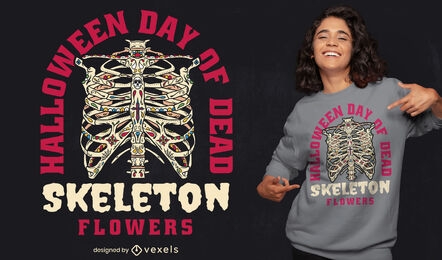 Design de camiseta com esqueleto e corpo para o Dia das Bruxas