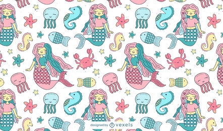 Desenho de padrão de sereias e animais marinhos