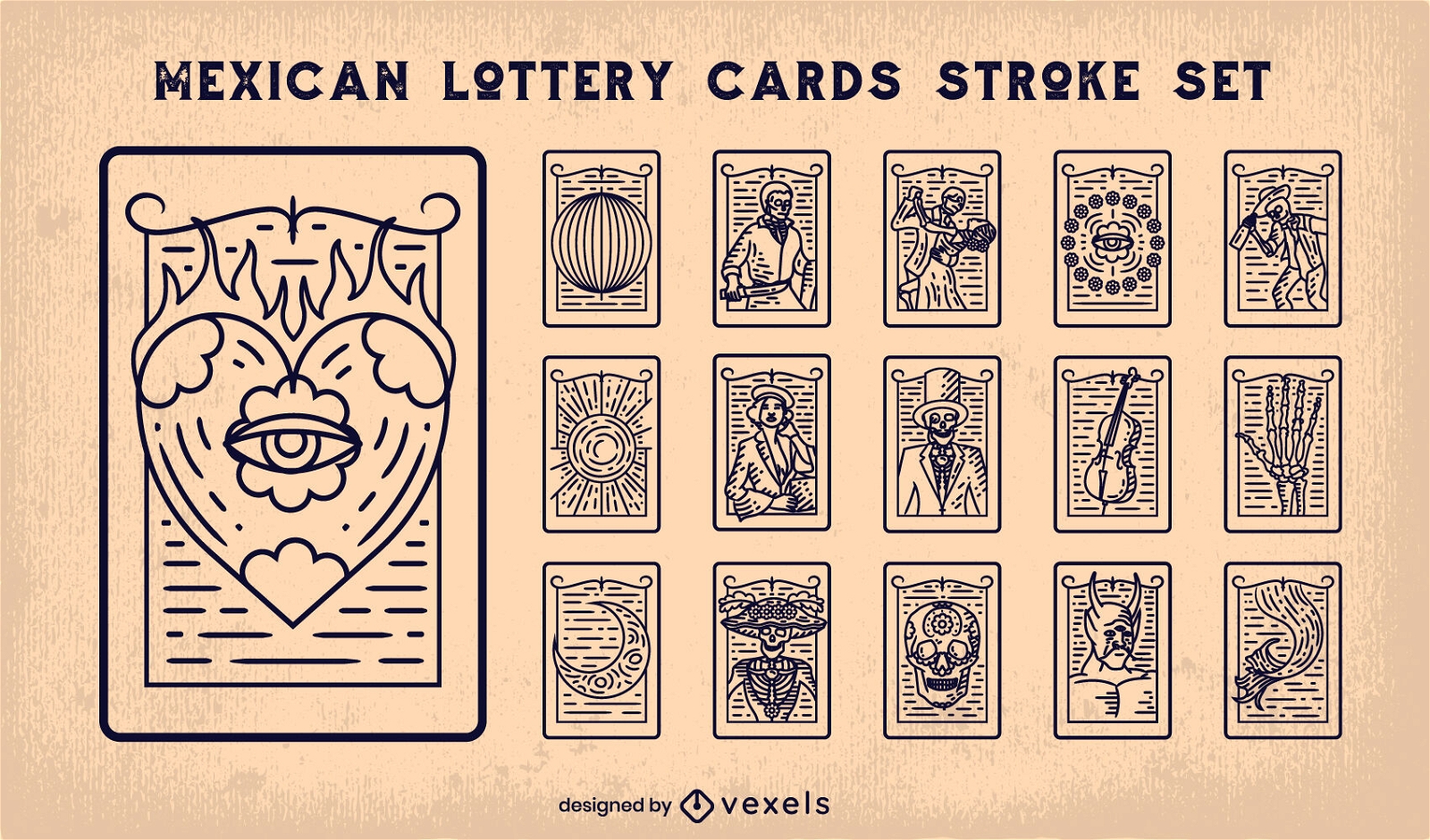 Mexican lottery cards stroke set