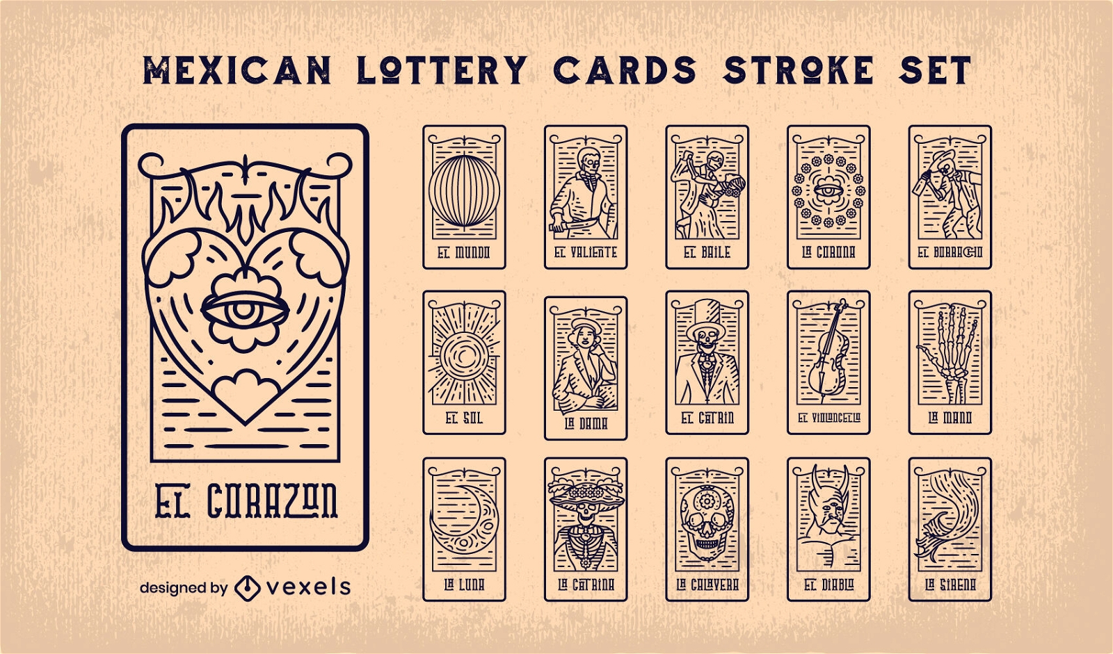 Mexican lottery cards stroke set