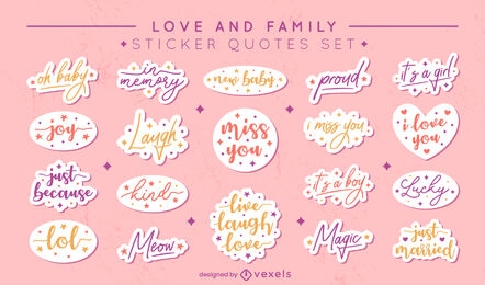 Conjunto de letras de citações de adesivos de amor e família