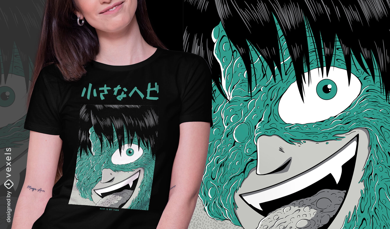 Design de t-shirt monstro japonês sorridente