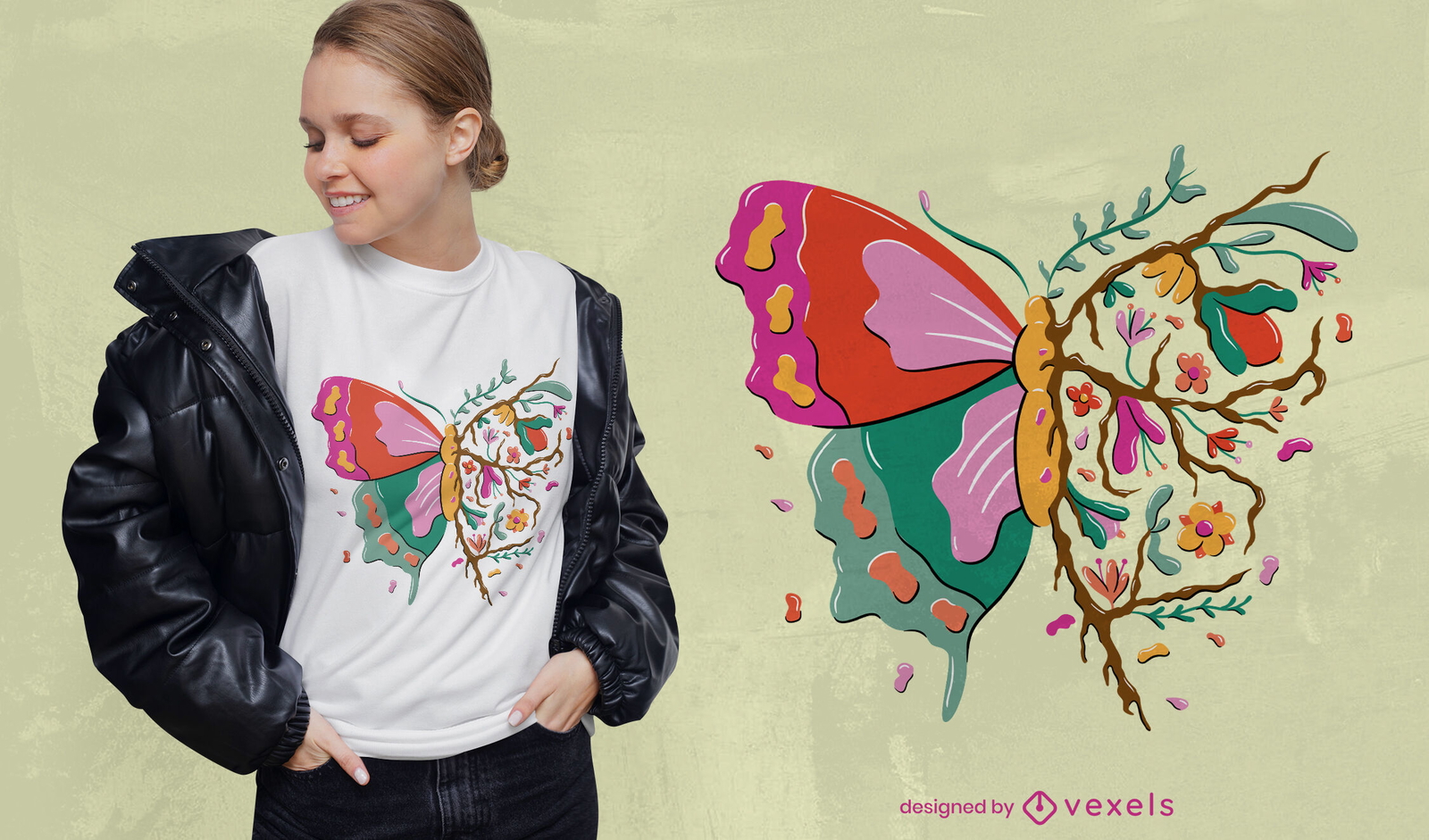 Diseño de camiseta de hojas de mariposa.