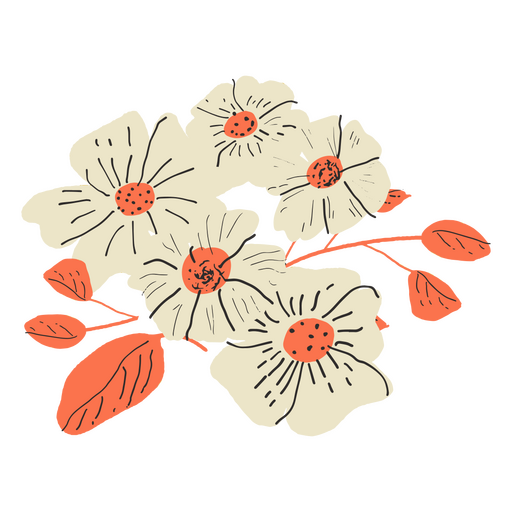 Flores brancas com folhas rosa semi planas Desenho PNG