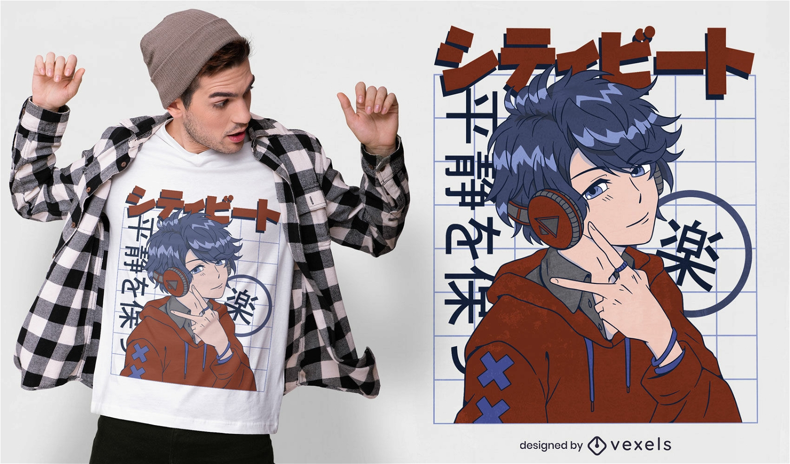 Anime menino japonês com design de t-shirt de auscultadores