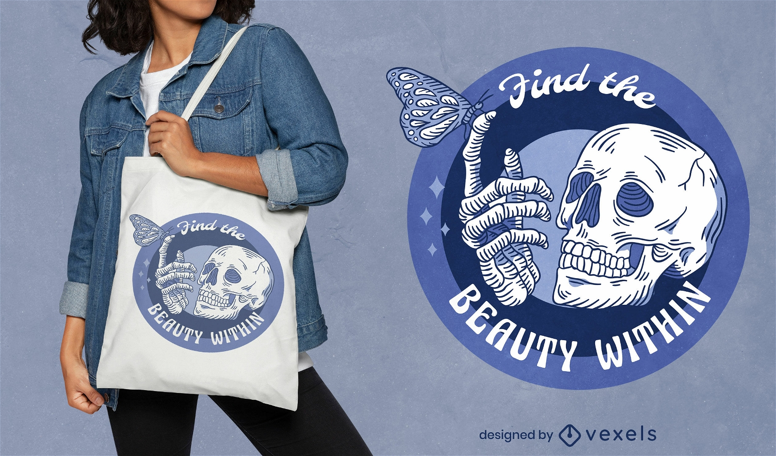 Skeleton with butterfly tote bag design