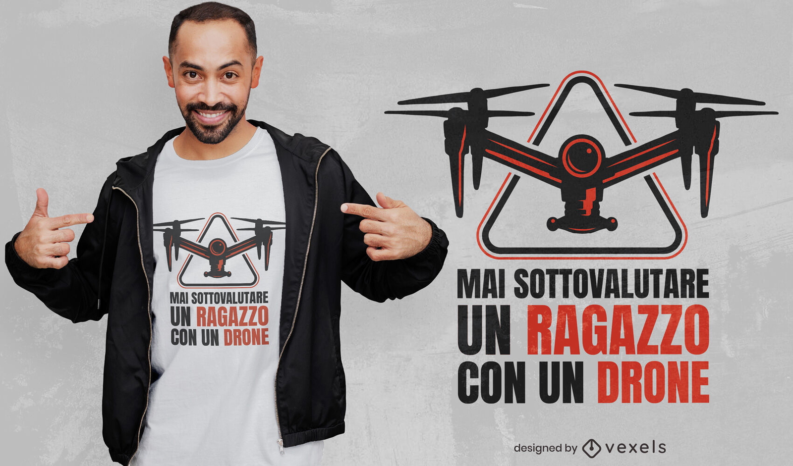 Garoto com desenho de camiseta de citação italiana drone