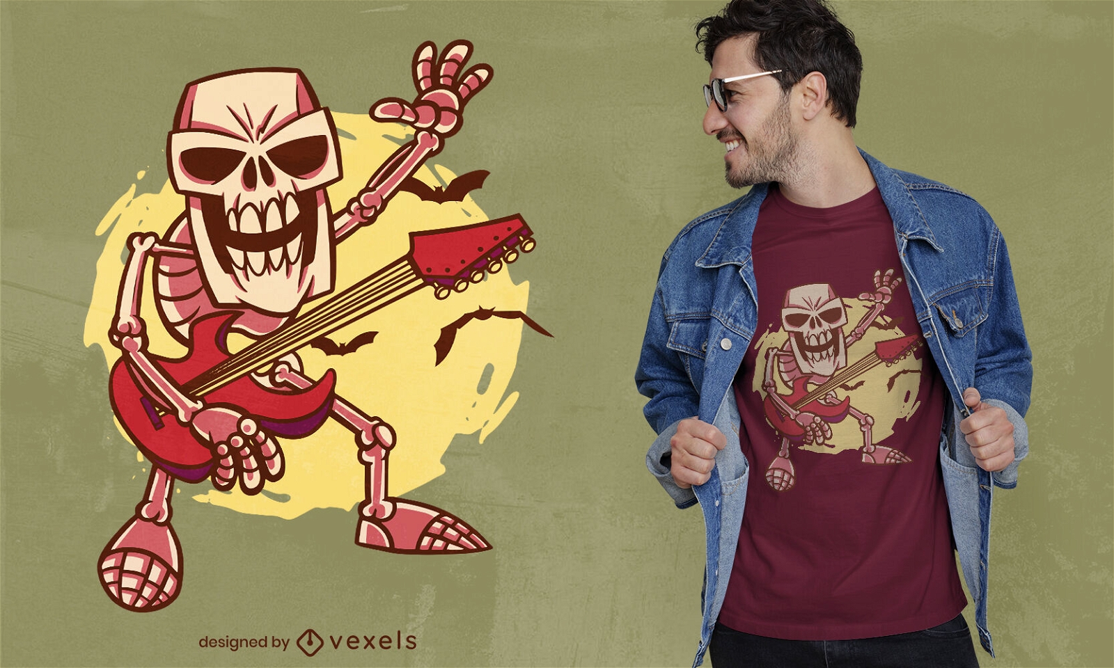 Desenho de camiseta com esqueleto de guitarra rock