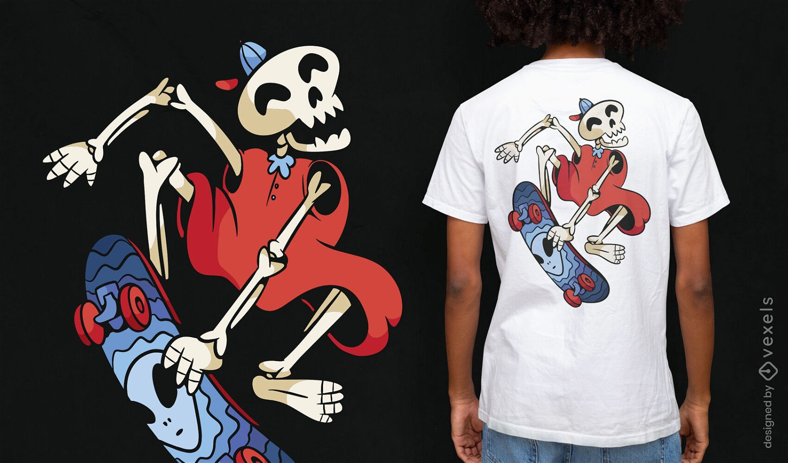 Diseño de camiseta de dibujos animados skater esqueleto