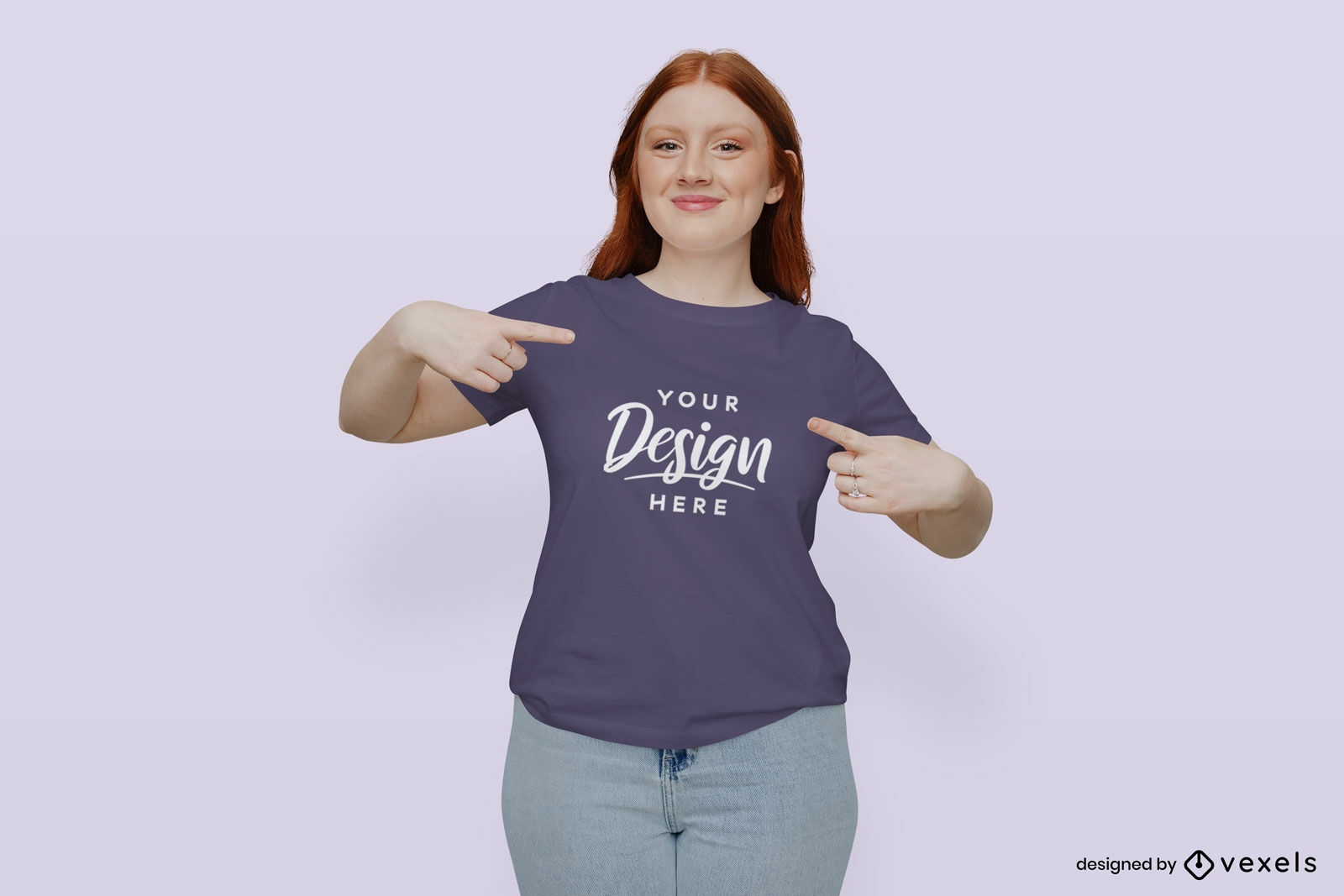 M?dchen mit lila T-Shirt-Modell im flachen Hintergrund