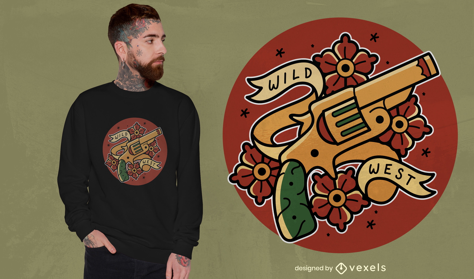 Diseño de camiseta de tatuaje de pistola vieja y flores.