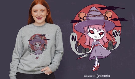 Design de t-shirt de halloween assustador boneca bruxa