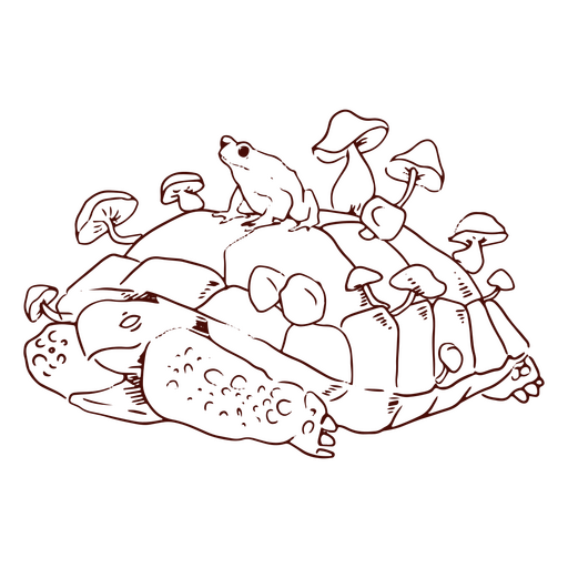 Turtle with mushrooms and frog stroke PNG Design