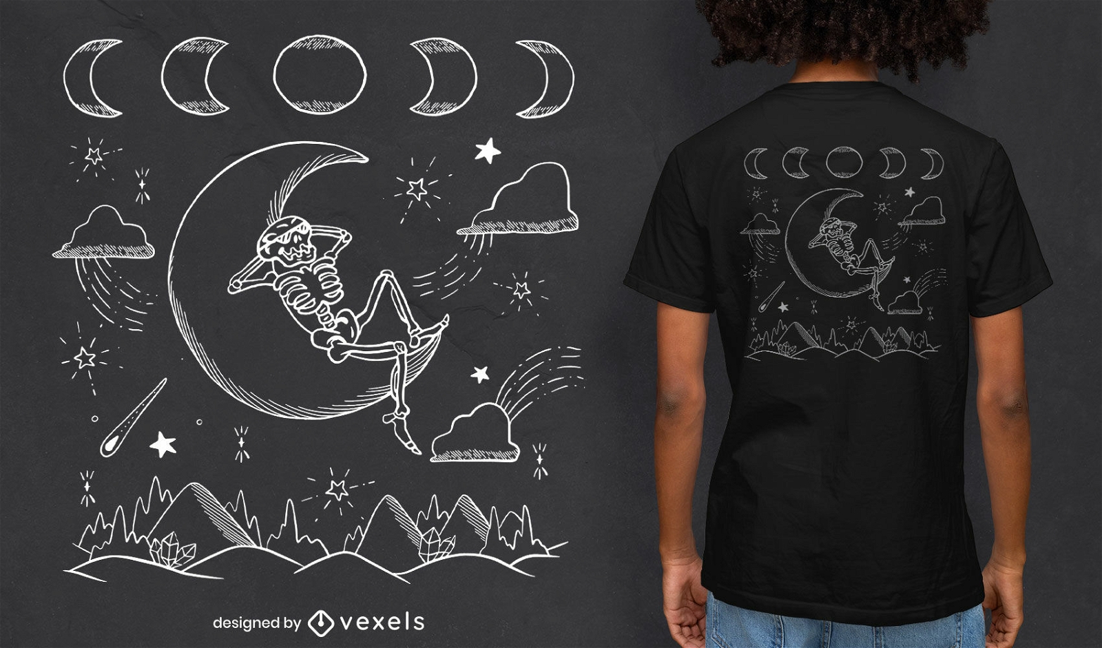 Diseño de camiseta esqueleto en luna y montañas.