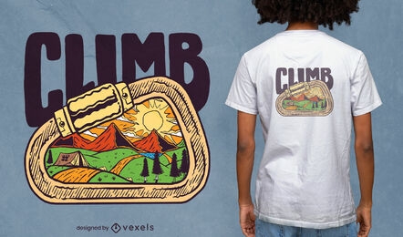 Desenho de camiseta com mosquetão de escalada e paisagem