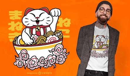 Lucky cat in ramen food bowl t-shirt design