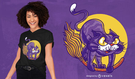 Animal gato voando na vassoura com design de camiseta