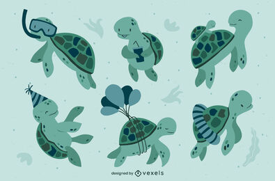 Sea turtles cute animals swimming set