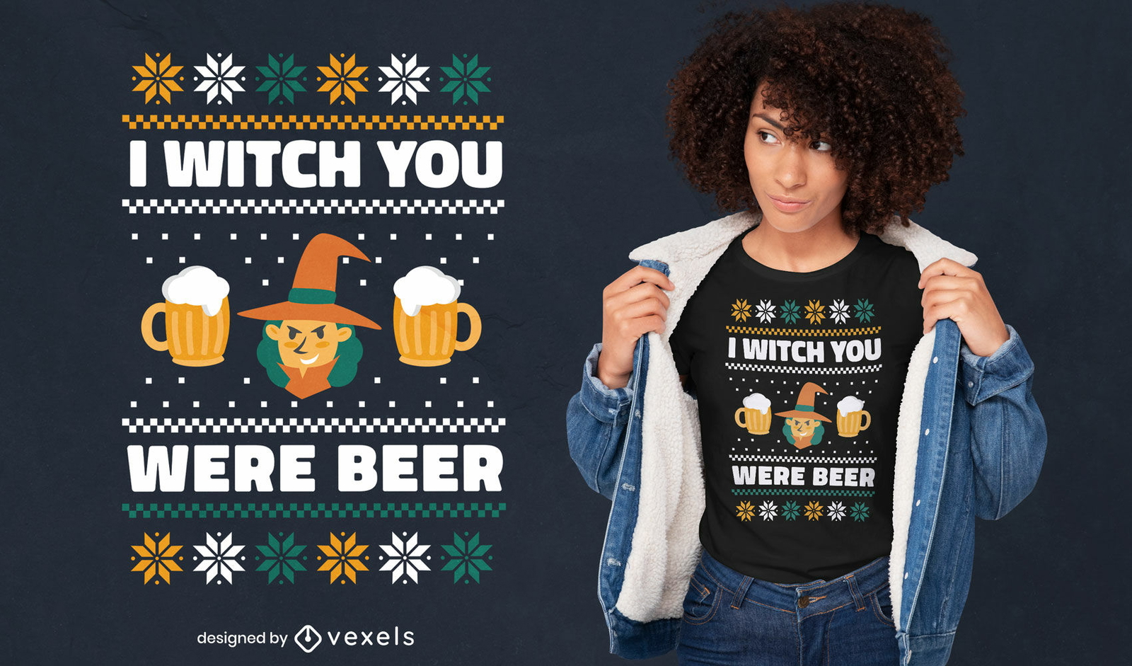 Witch and beers ugly sweater t-shirt design