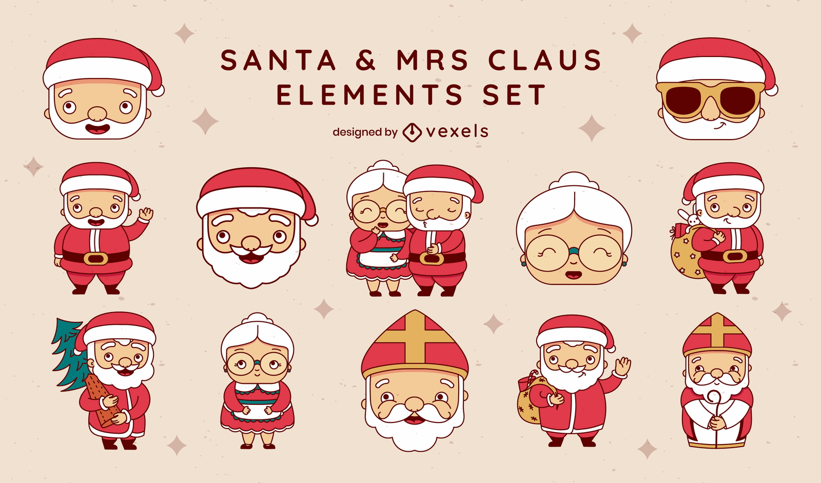 Conjunto de caracteres navideños de santa y señora claus