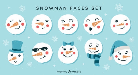 Conjunto de rostos de emoji de boneco de neve fofos
