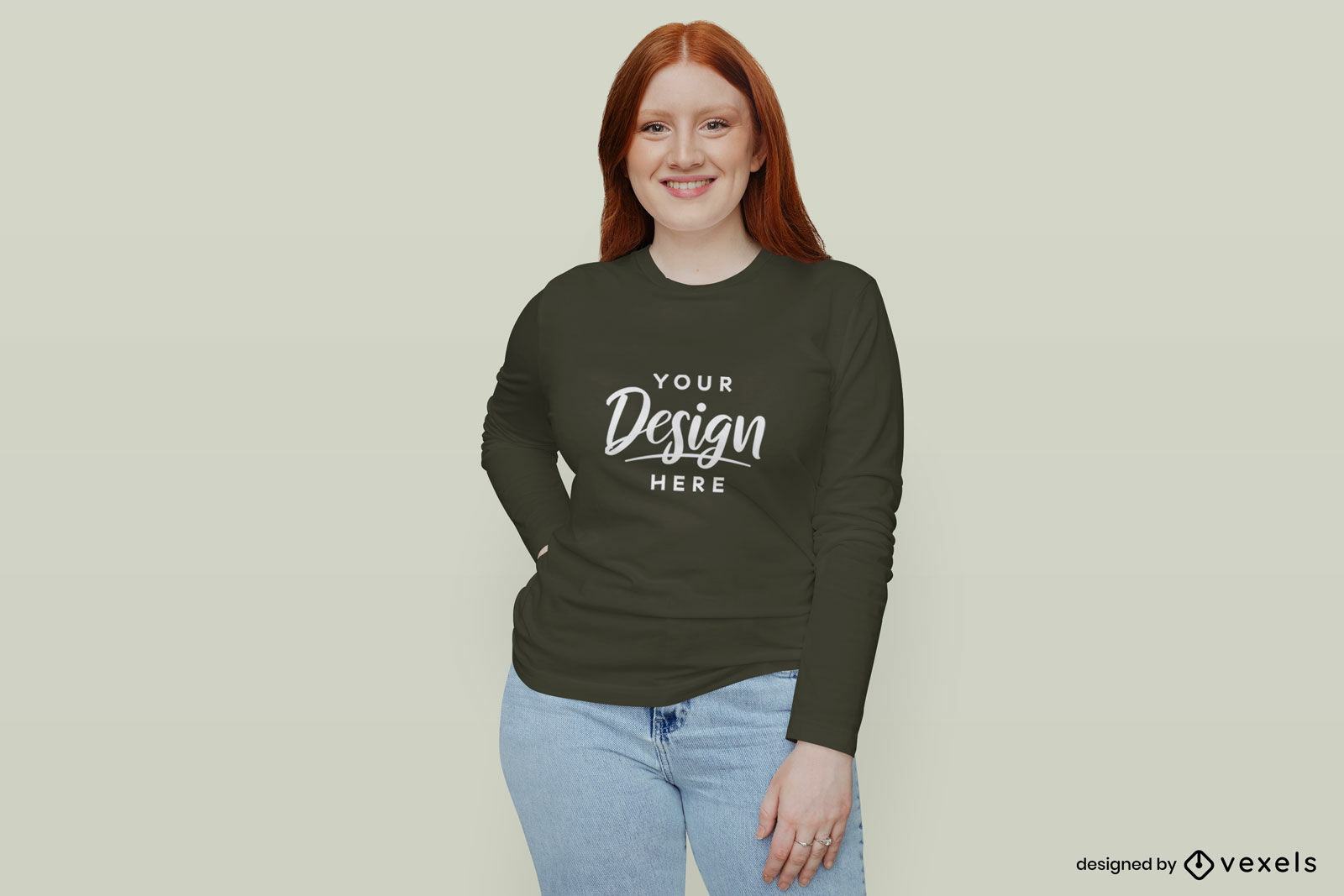 Mädchen im schwarzen langärmeligen T-Shirt Mockup flachen Hintergrund