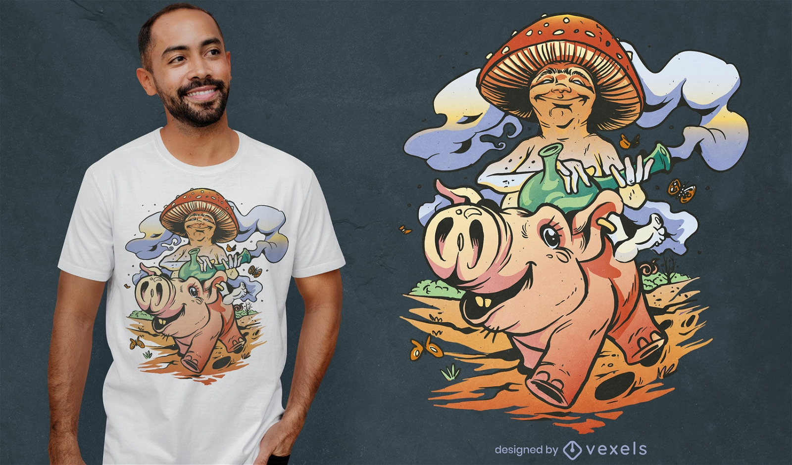 Mushroom on pig cartoon t-shirt design