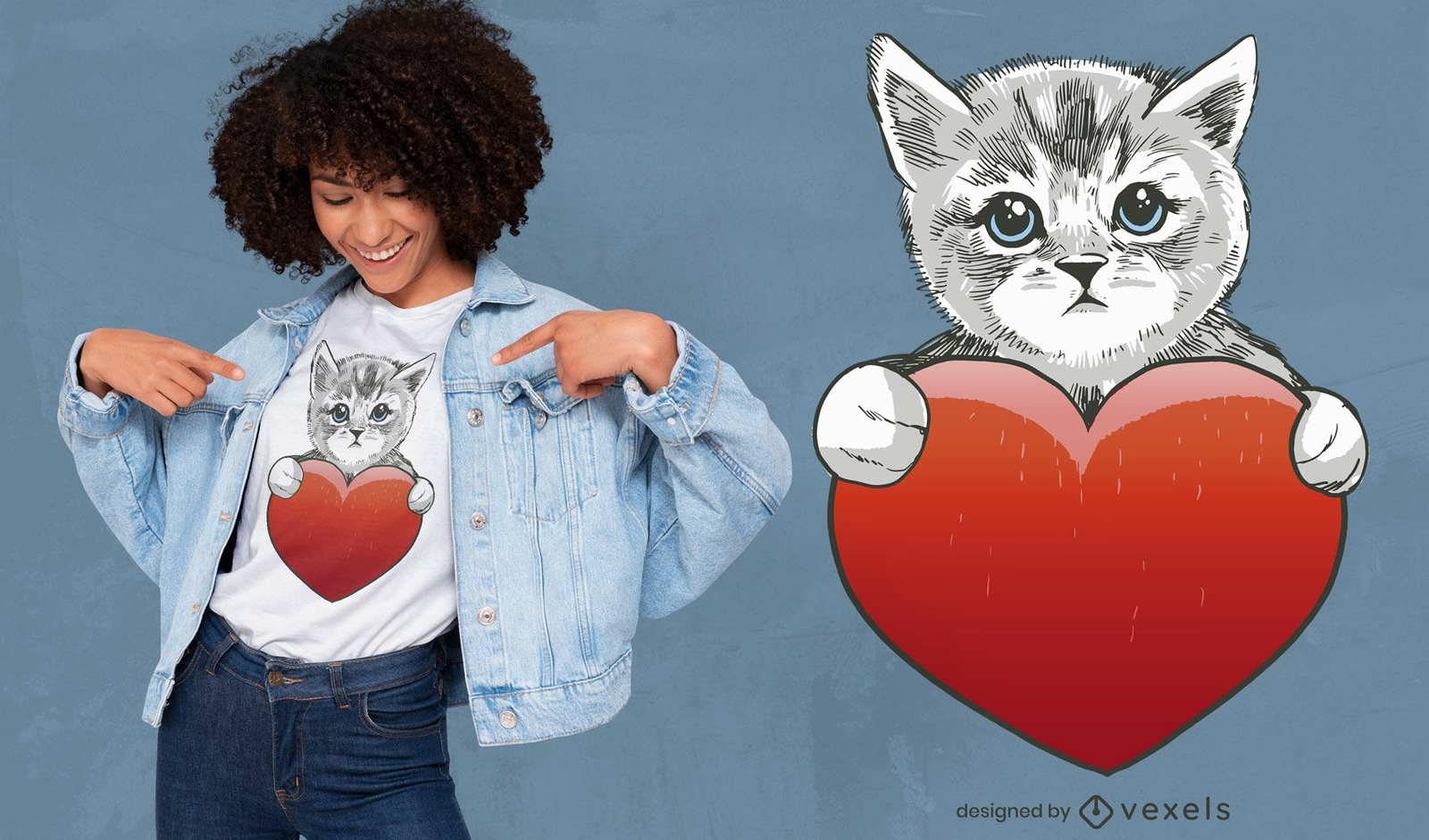 Lindo diseño de camiseta de gato y corazón.