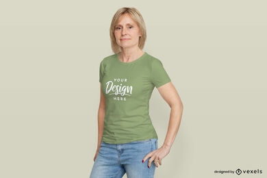 Female model green t-shirt mockup flat background
