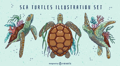 Meeresschildkrötentiere schwimmen Naturset