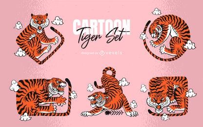 Conjunto de desenhos animados de formas de animais selvagens de tigre