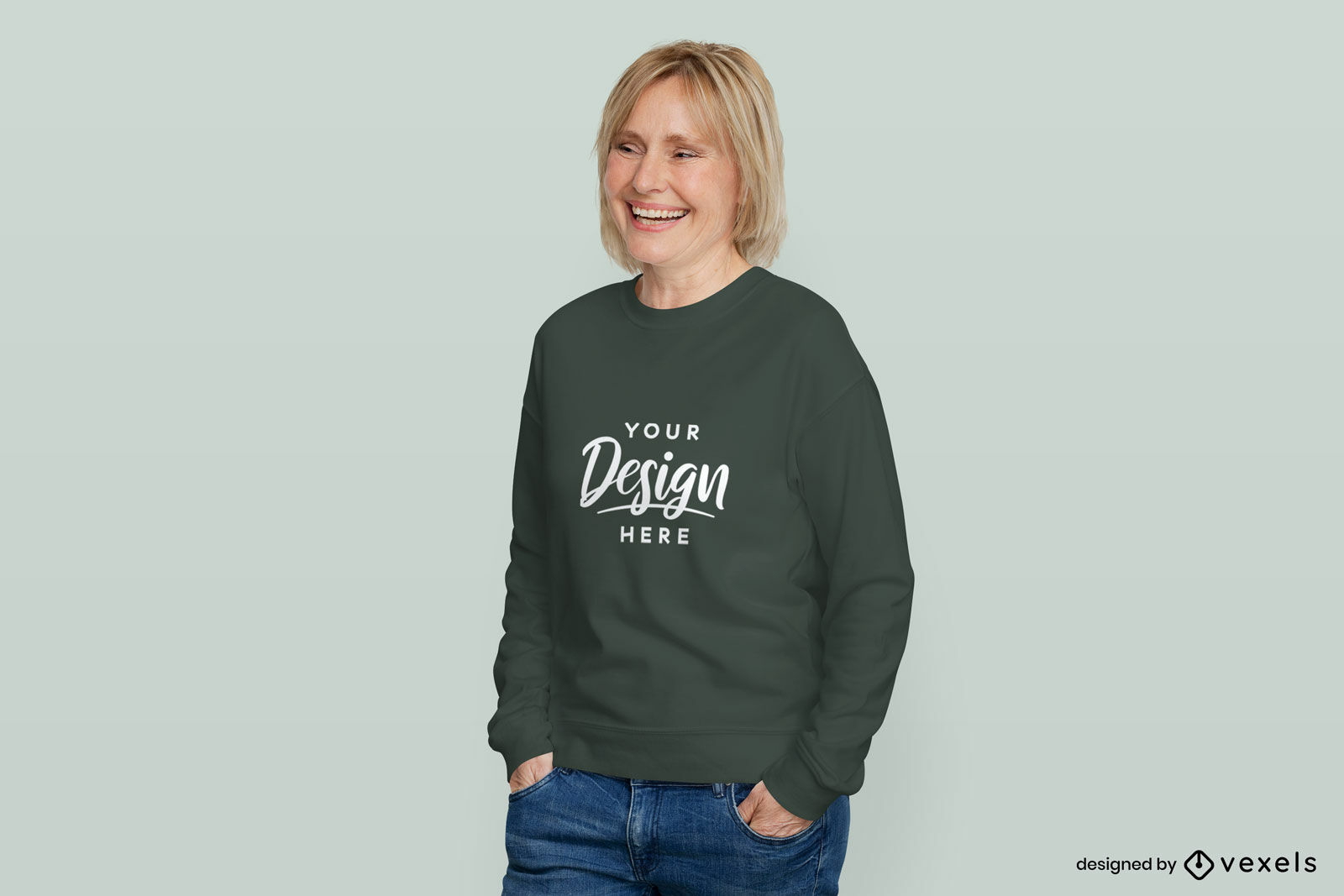 Frau im flachen Hintergrundmodell des grünen Sweatshirts