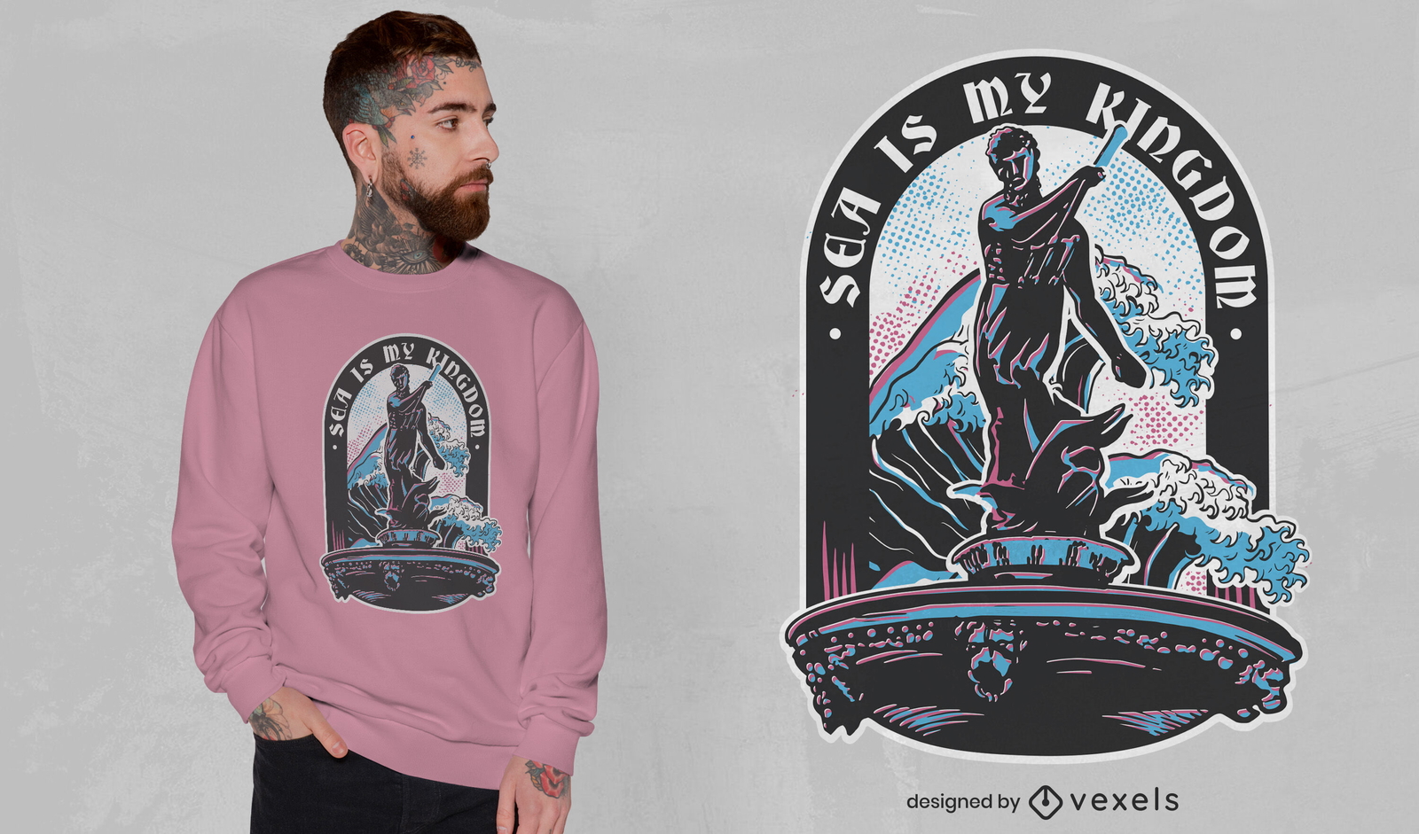 Diseño de camiseta de la mitología del dios del mar de Poseidón