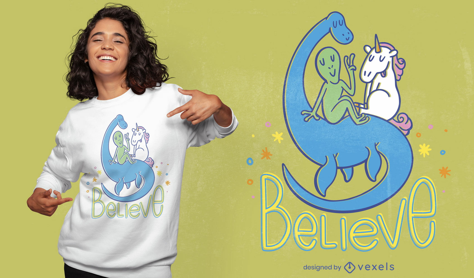 Diseño de camiseta alien unicornio y nessie