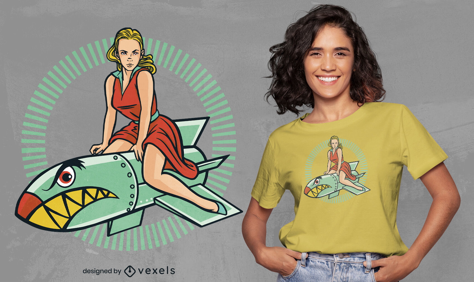 Mujer vintage en diseño de camiseta de bomba