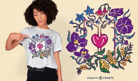Diseño de camiseta de corazón y flores.