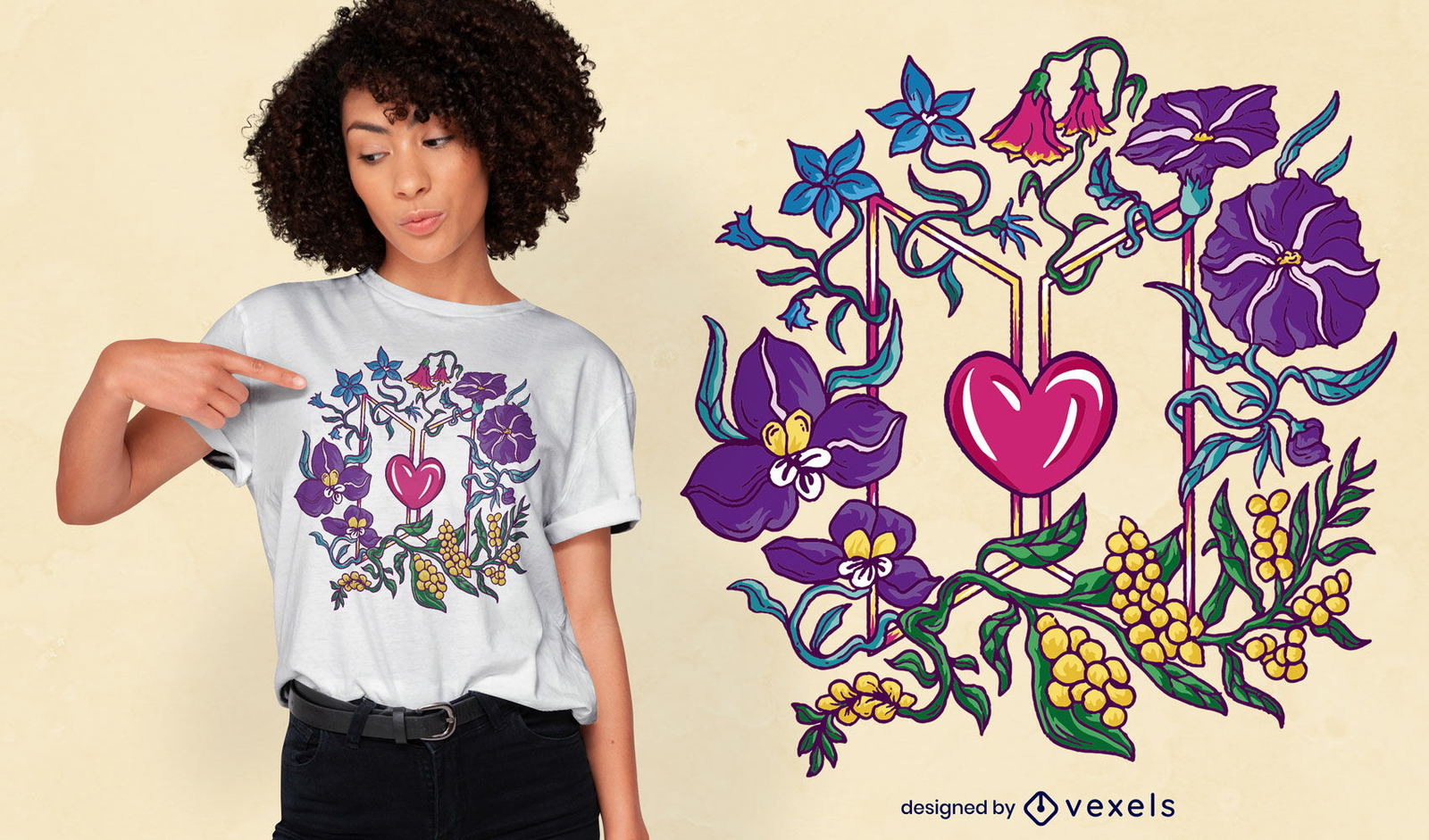 Design de camisetas com flores e coração