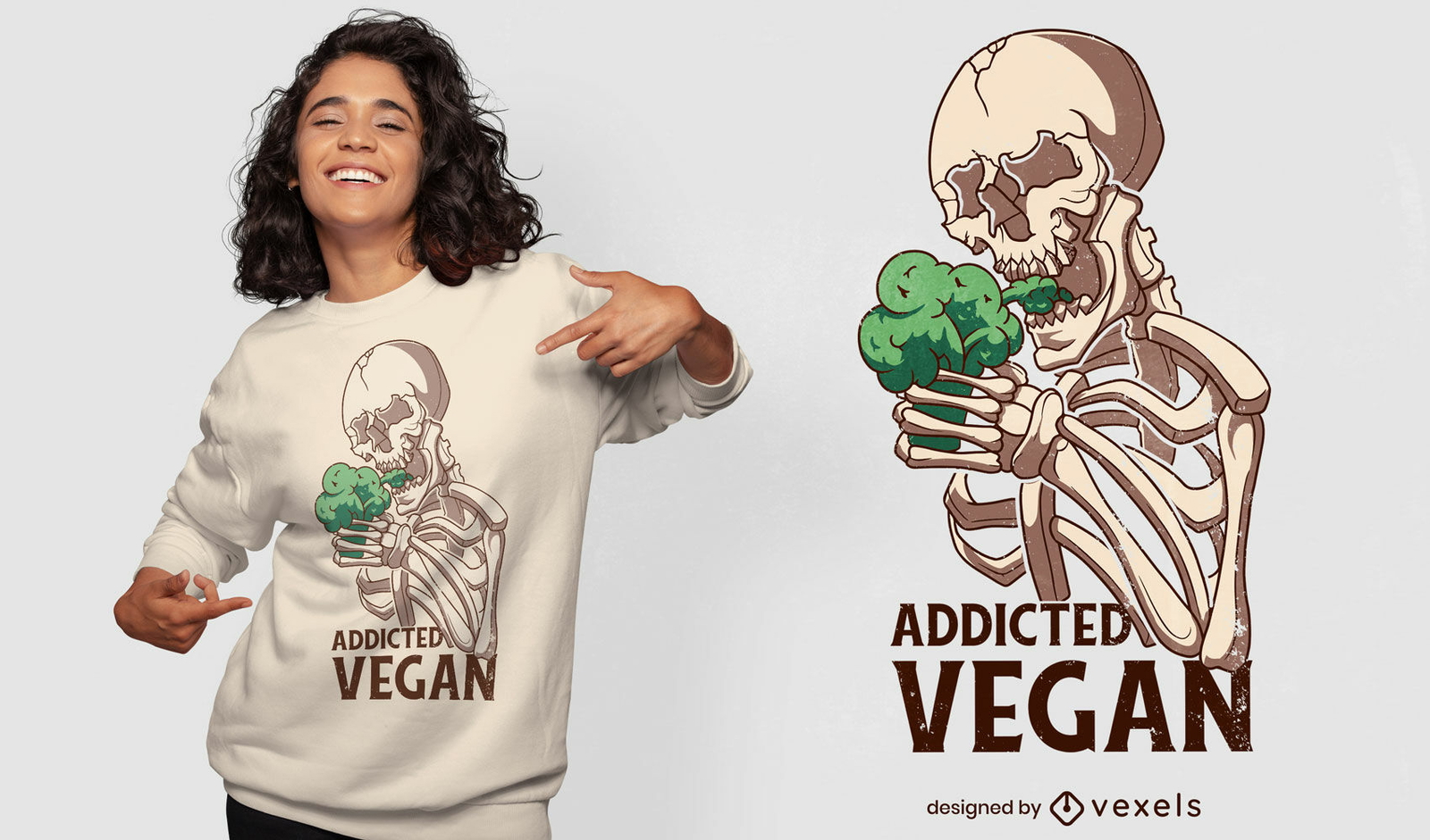 Diseño de camiseta de esqueleto de brócoli vegano