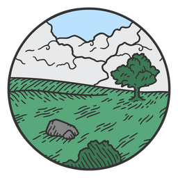 Paisaje de trazo de color de pastizales y árboles. Diseño PNG