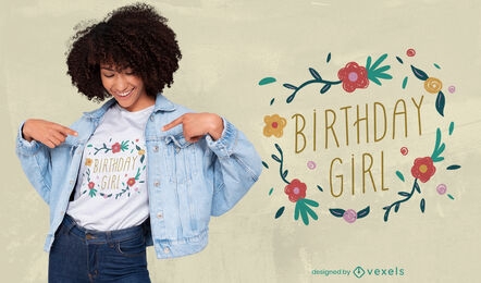 Diseño de camiseta con insignia floral de niña de cumpleaños.