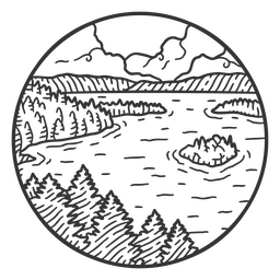 Paisaje de trazo de lago y bosque. Diseño PNG