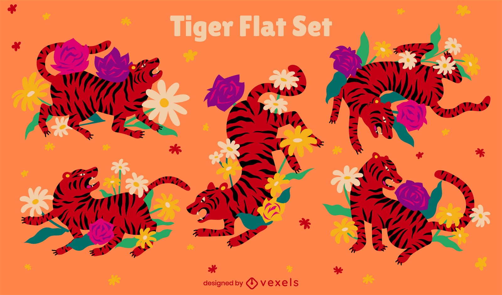 Conjunto plano de natureza floral animal tigre