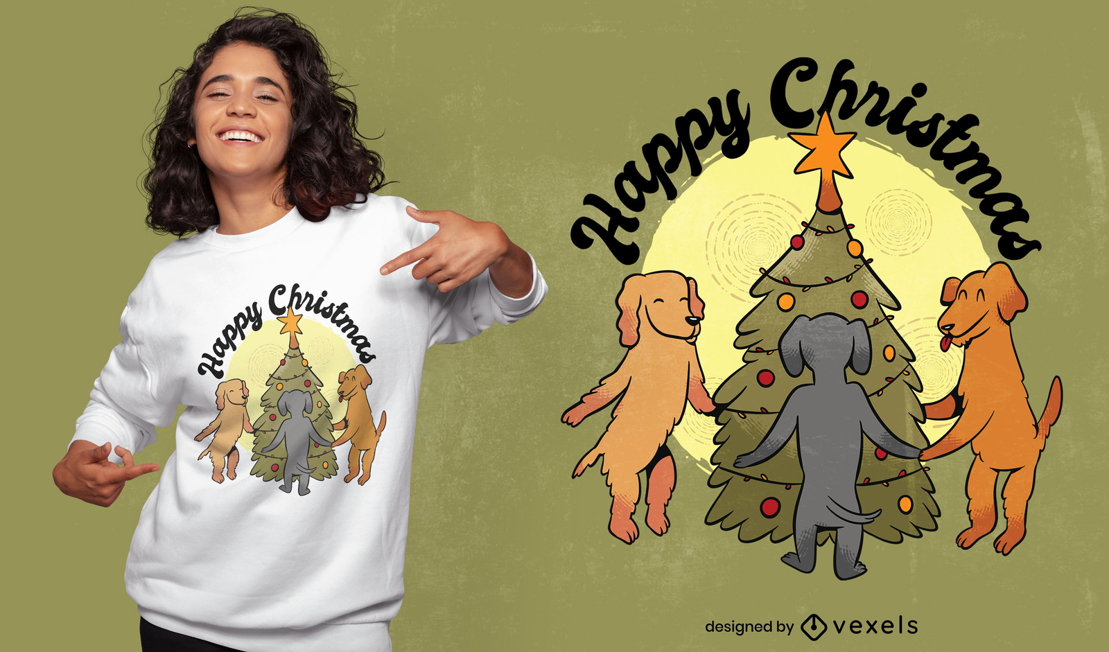 Cachorros na árvore de Natal com desenhos de camisetas