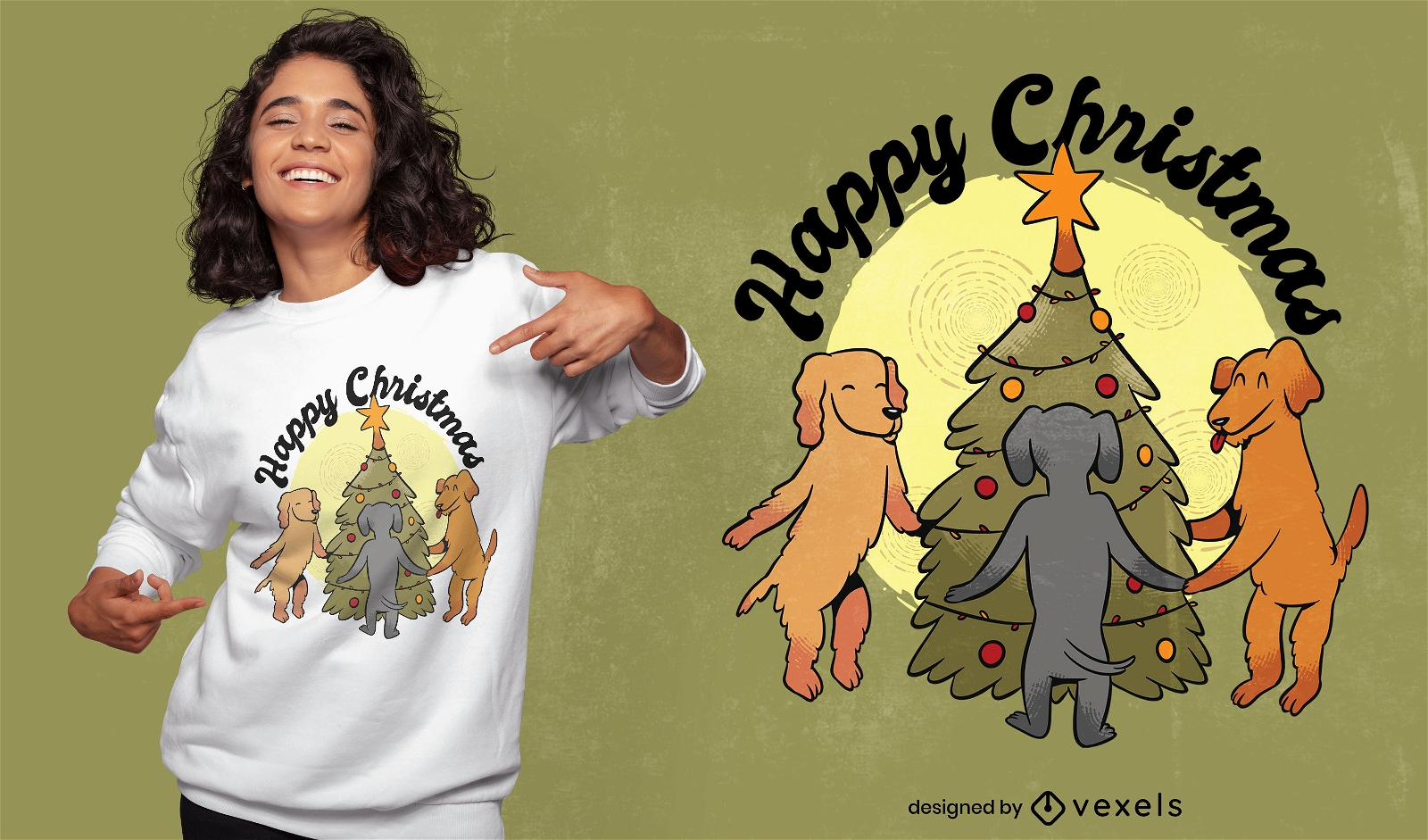 Cachorros na ?rvore de Natal com desenhos de camisetas