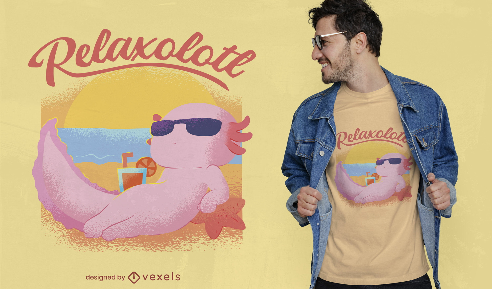 Diseño de camiseta de animal ajolote en la playa.