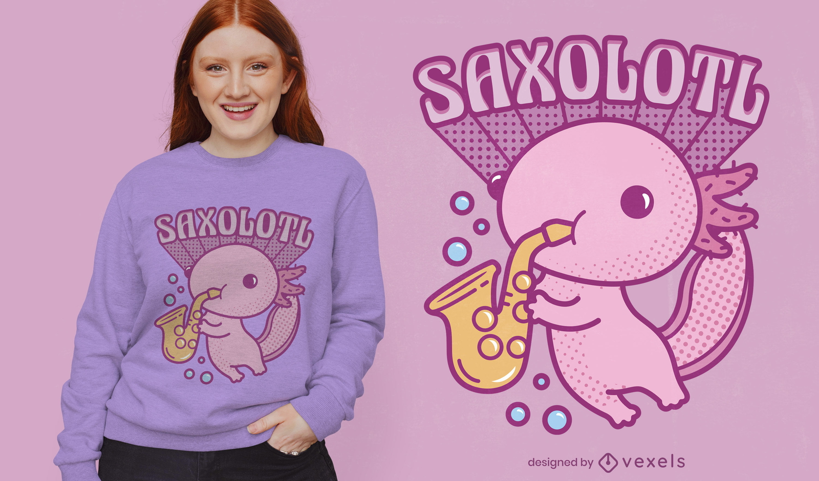 Axolotl animal tocando diseño de camiseta de saxofón.