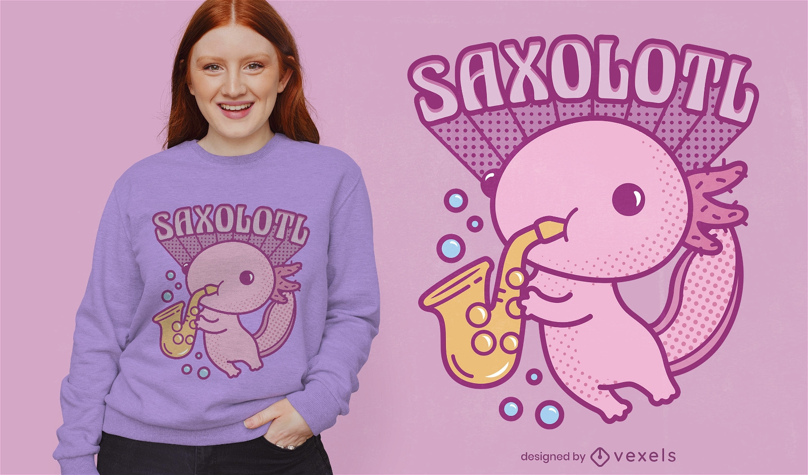 Axolotl-Tier, das Saxophon-T-Shirt Design spielt