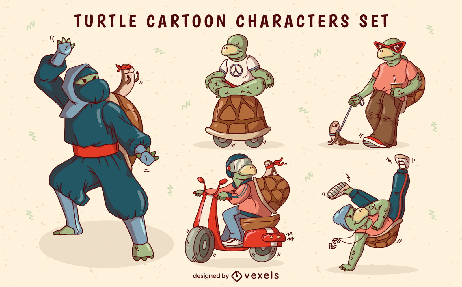 Conjunto de caracteres de ilustração de animais de tartaruga