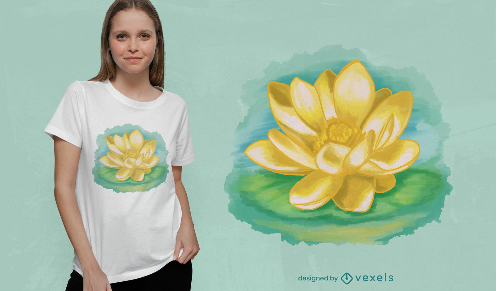 Desenho de t-shirt com flor de lótus em aquarela